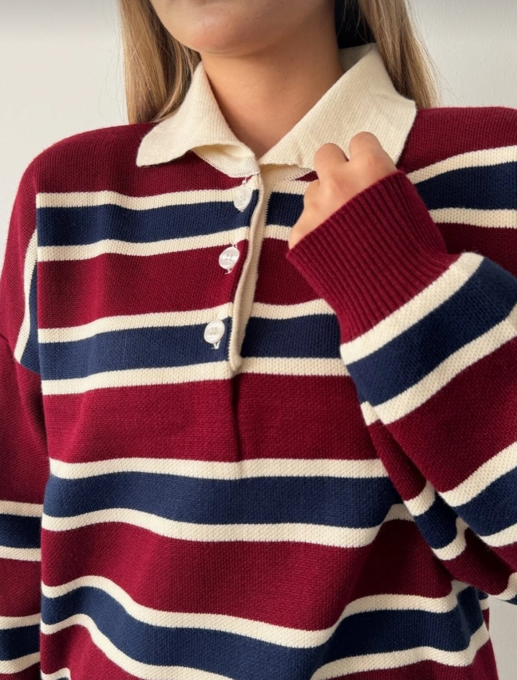 Çizgili Düğmeli Polo Yaka Premium Kadın Triko Kazak