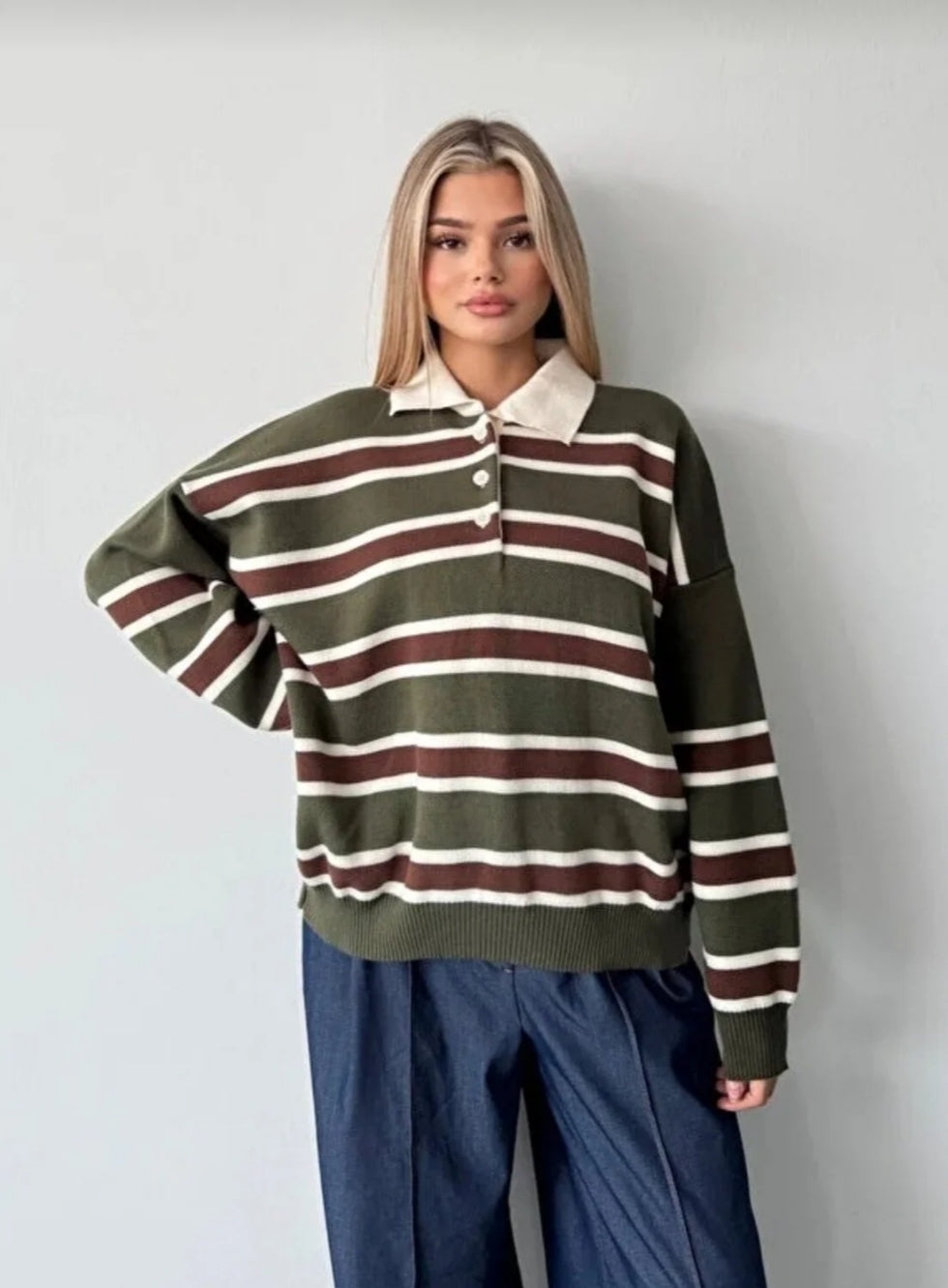 Çizgili Düğmeli Polo Yaka Premium Kadın Triko Kazak