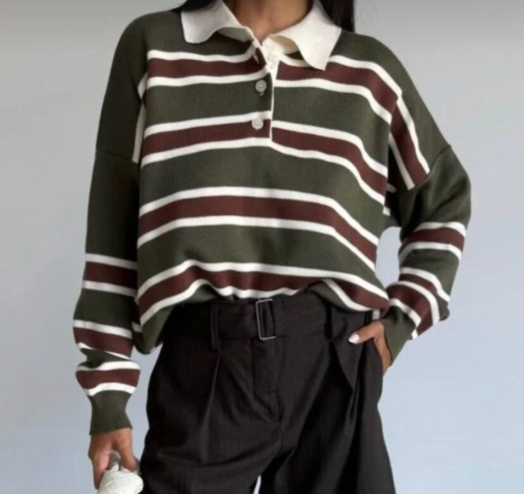 Çizgili Düğmeli Polo Yaka Premium Kadın Triko Kazak