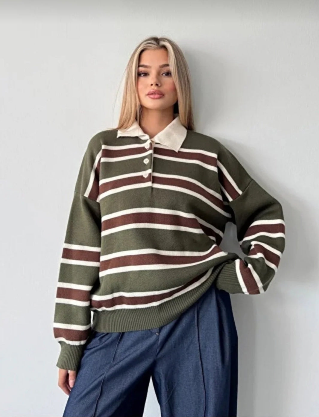Çizgili Düğmeli Polo Yaka Premium Kadın Triko Kazak