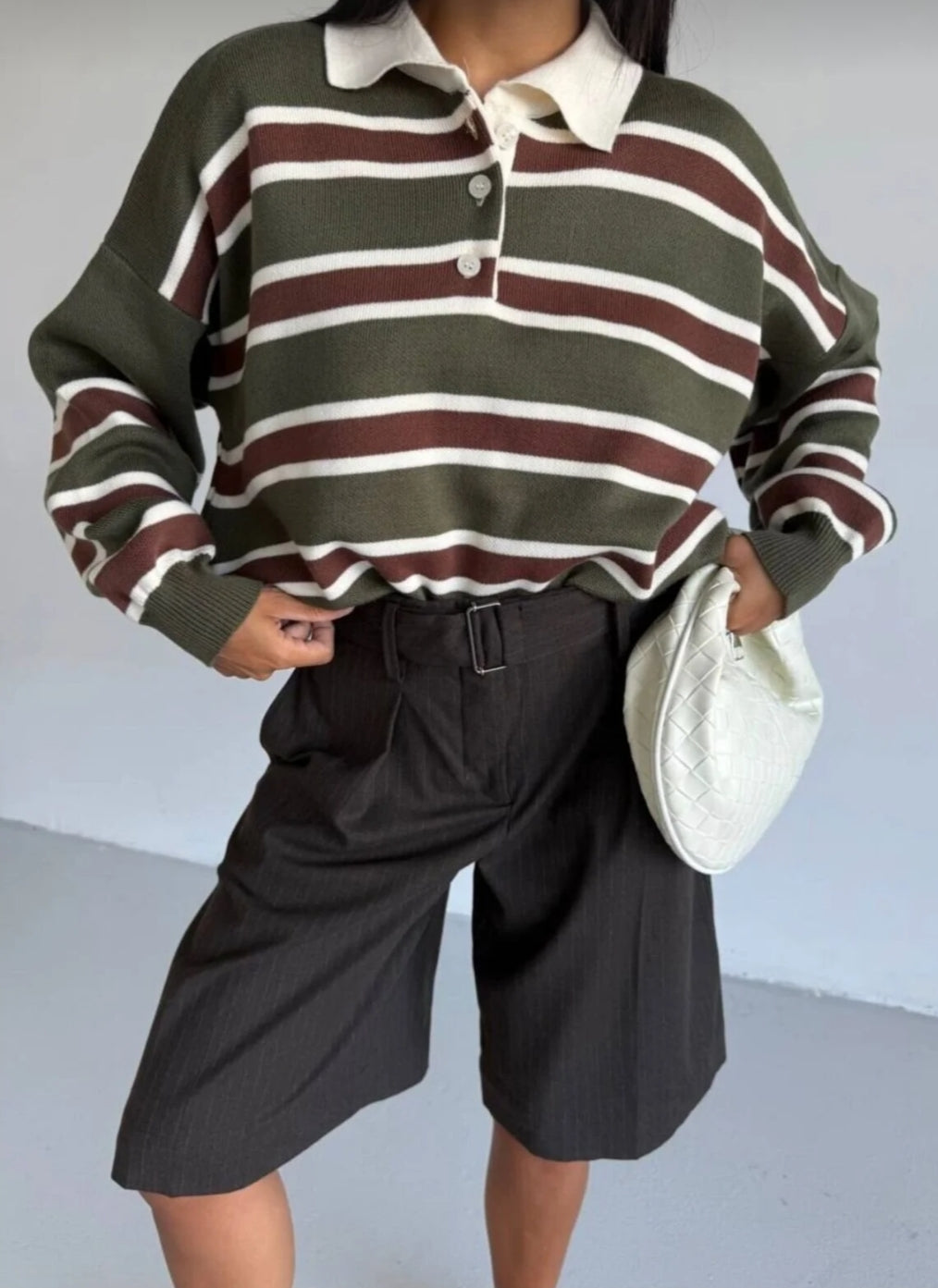 Çizgili Düğmeli Polo Yaka Premium Kadın Triko Kazak