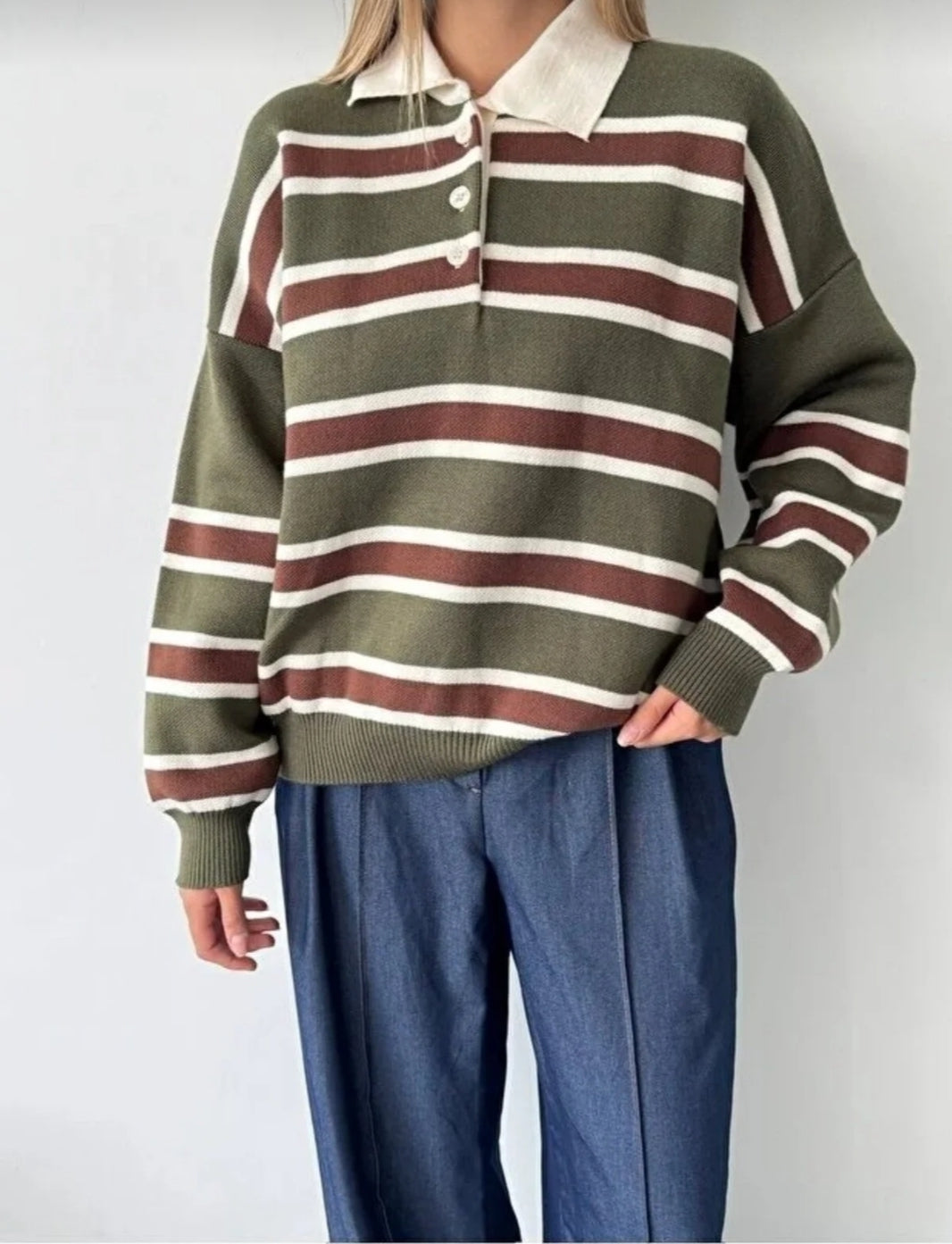 Çizgili Düğmeli Polo Yaka Premium Kadın Triko Kazak
