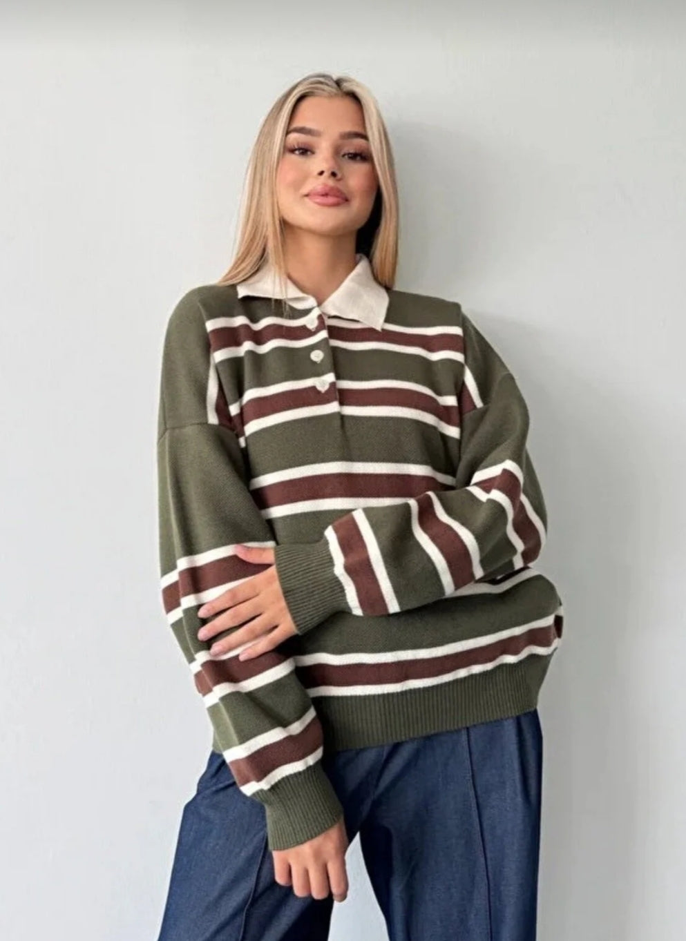 Çizgili Düğmeli Polo Yaka Premium Kadın Triko Kazak