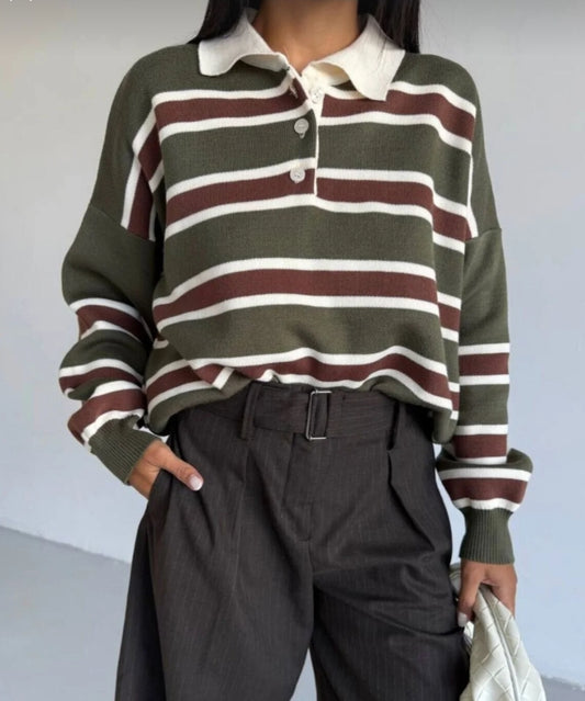 Çizgili Düğmeli Polo Yaka Premium Kadın Triko Kazak